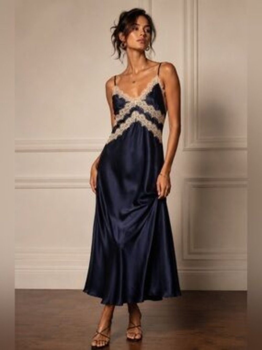 NWT - Thirty Thirty LA - Satin Lace Trim Slip Midi Dress